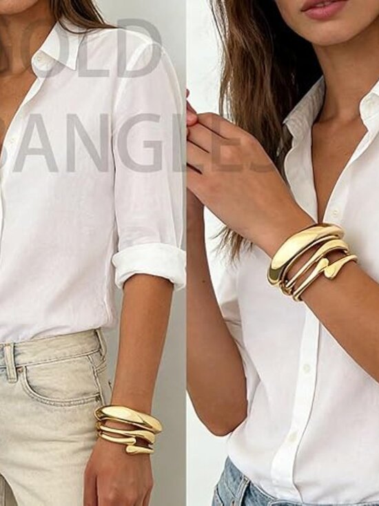 Chunky Gold Bangle Bracelets 14k Gold Plated Bangles Set Statement Cuff 3 Pc - Picture 4 of 4